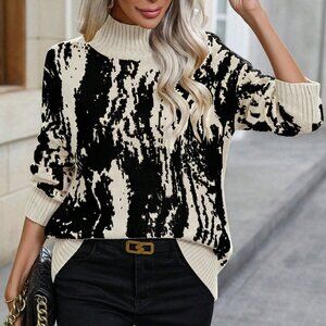 Apricot Casual Graphic Women's Mock Neck Sweater